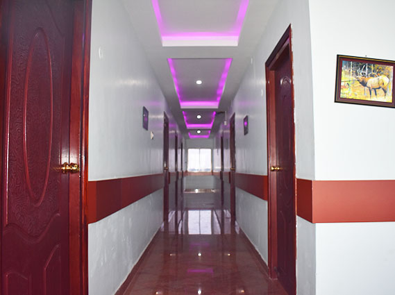 Modern hallway leading to spacious guest rooms at a cheap hotel near Trichy railway station