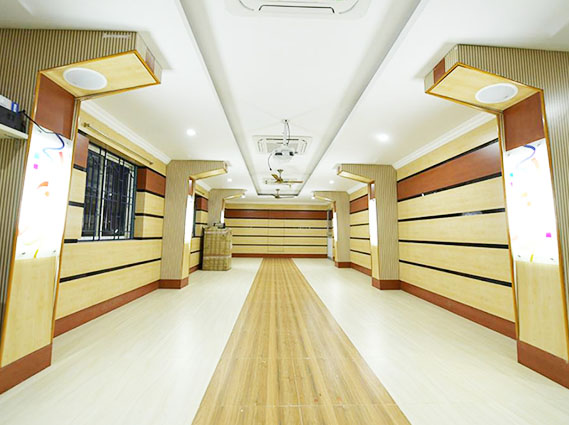 Modern banquet venue for weddings, celebrations, and events during a budget stay for family in Trichy.